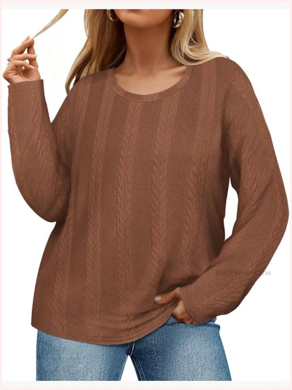 Plus Size Cable Knit Sweater Long Sleeve Pullover Tunic Top